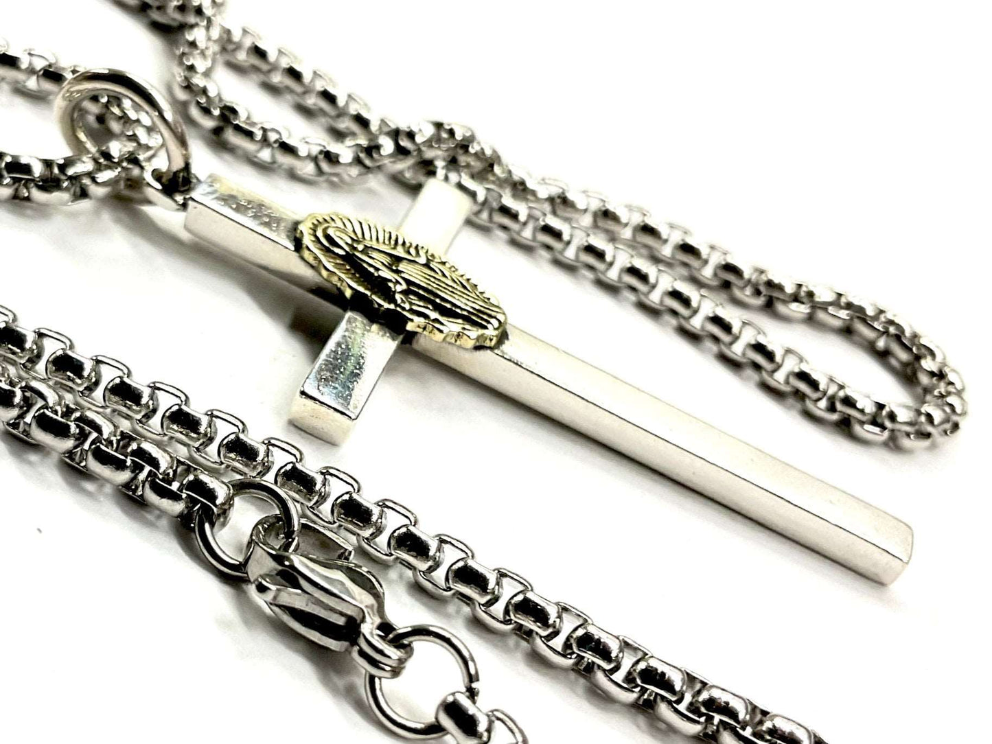 Two Sided Mary Madonna AquaMarine Stone Cross Necklace Filigreed S925 Solid Sterling Silver