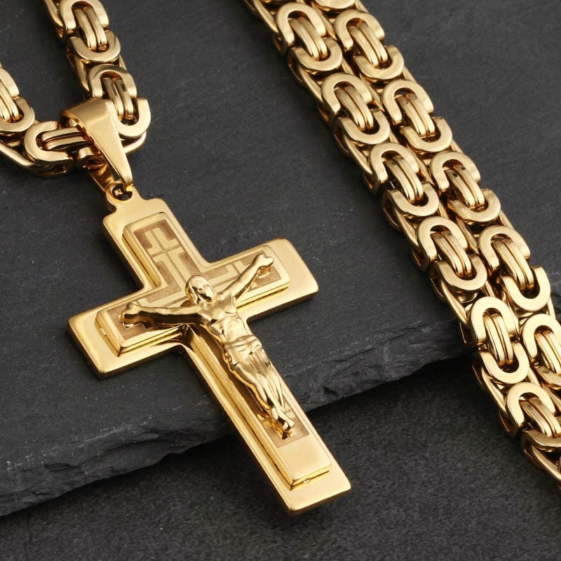 Large Crucifix Cross Necklace for Men with Byzantine Chain, Silver & Gold