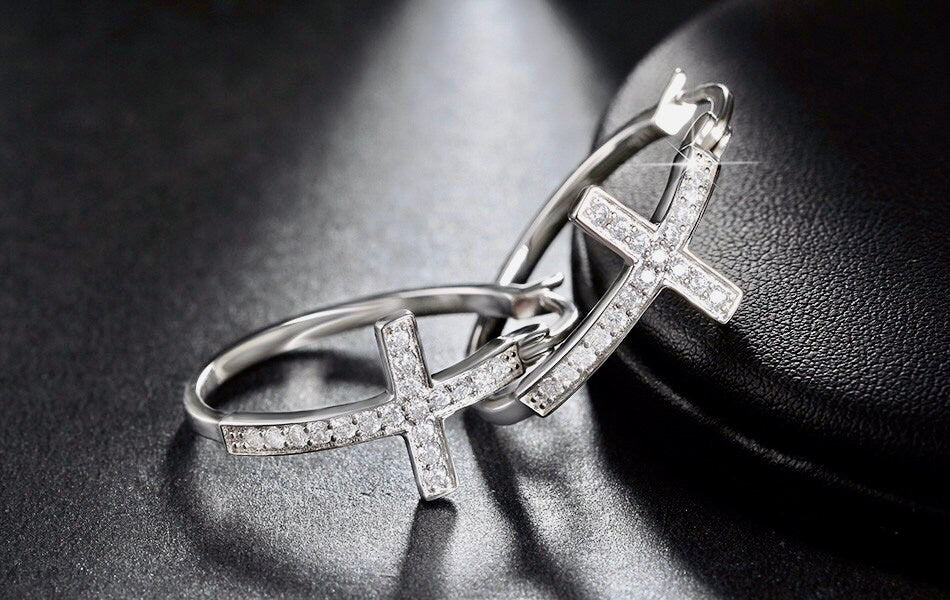 Large Silver or Gold Cross Hoop Earrings Cuff Round Cross Earrings Rhinestone Medium Modern CZ Fashion for Women Girls Cross Jesus Jewelry