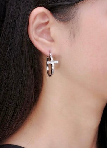 Large Silver or Gold Cross Hoop Earrings Cuff Round Cross Earrings Rhinestone Medium Modern CZ Fashion for Women Girls Cross Jesus Jewelry