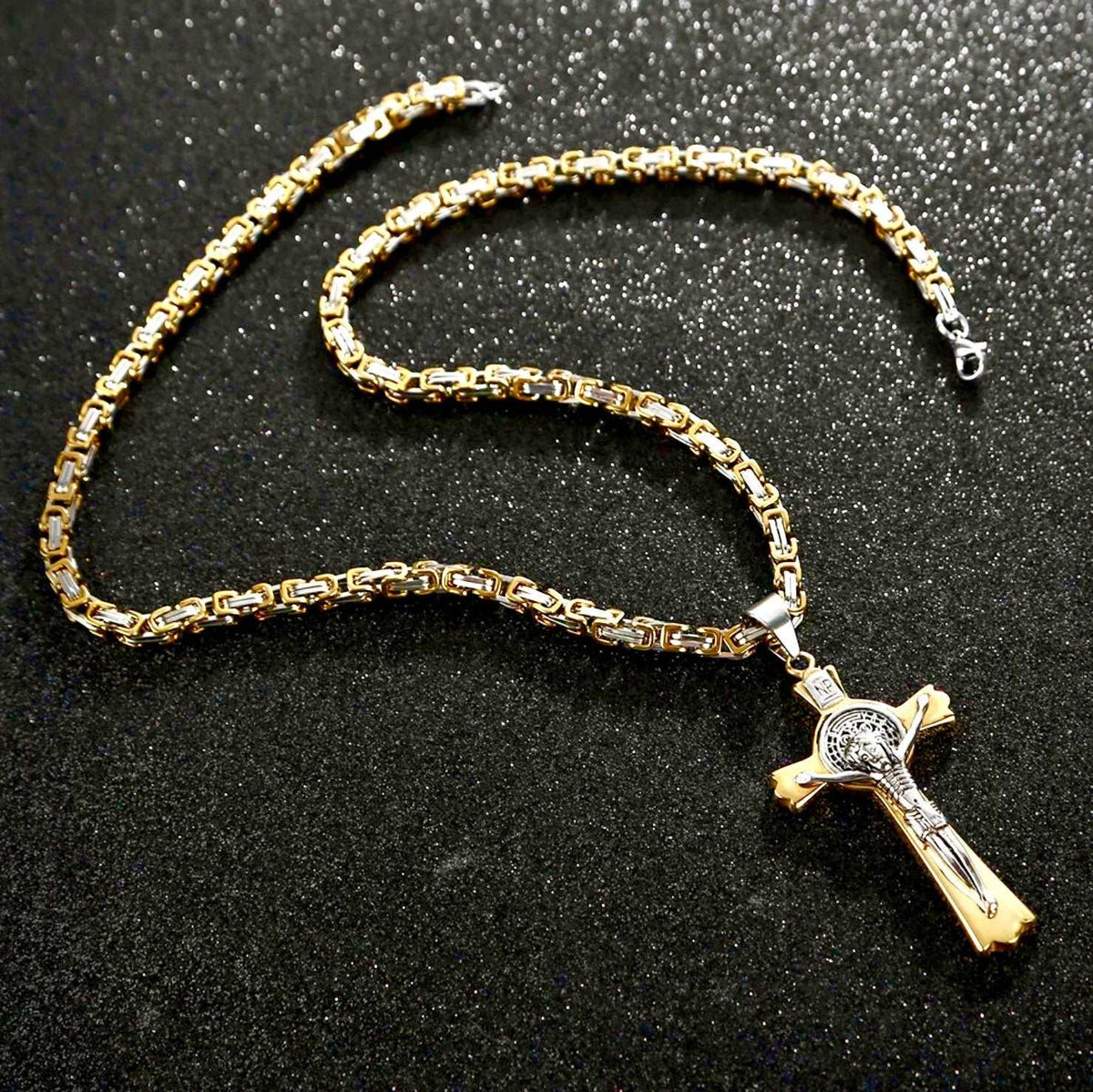Large Saint Benedict Cross Necklace for Men with Heavy Byzantine Chain in Silver & Gold