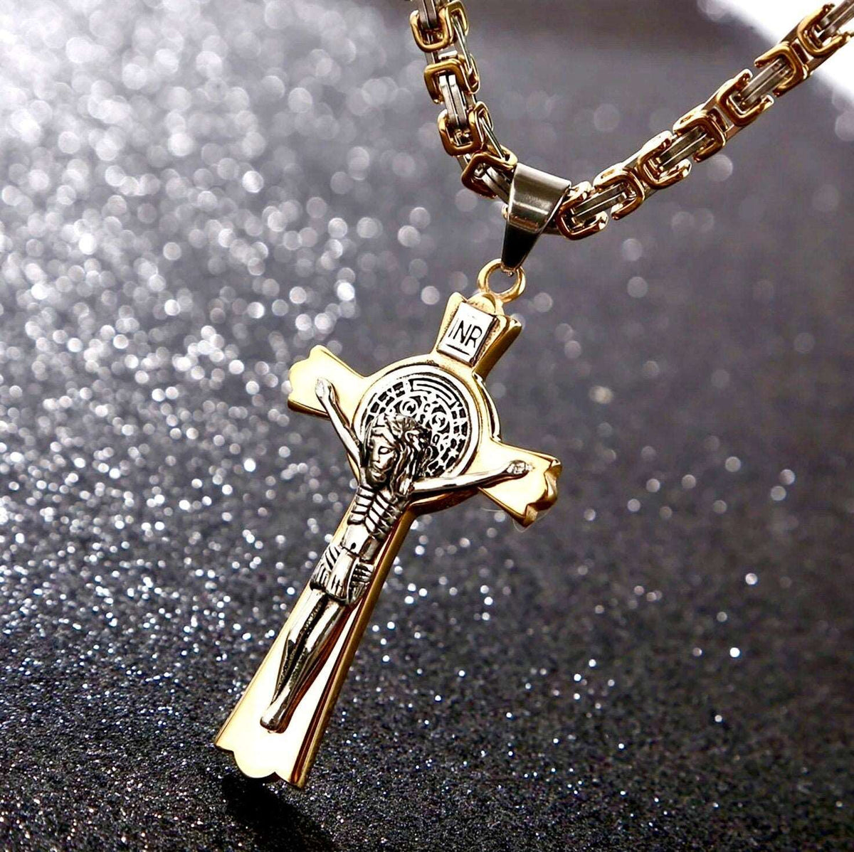 Large Saint Benedict Cross Necklace for Men with Heavy Byzantine Chain in Silver & Gold
