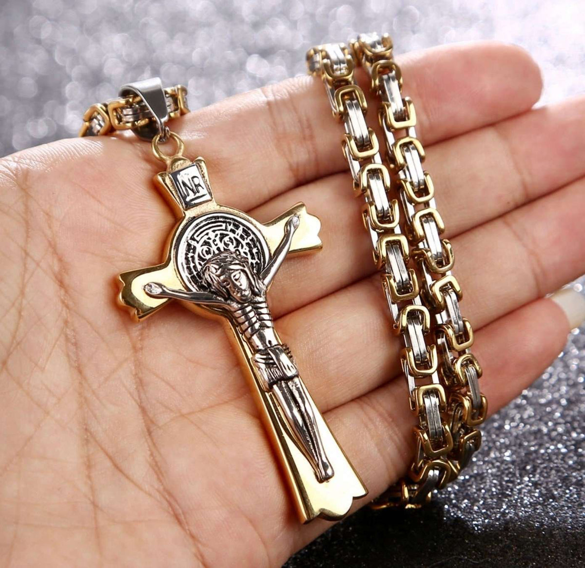 Large Saint Benedict Cross Necklace for Men with Heavy Byzantine Chain in Silver & Gold