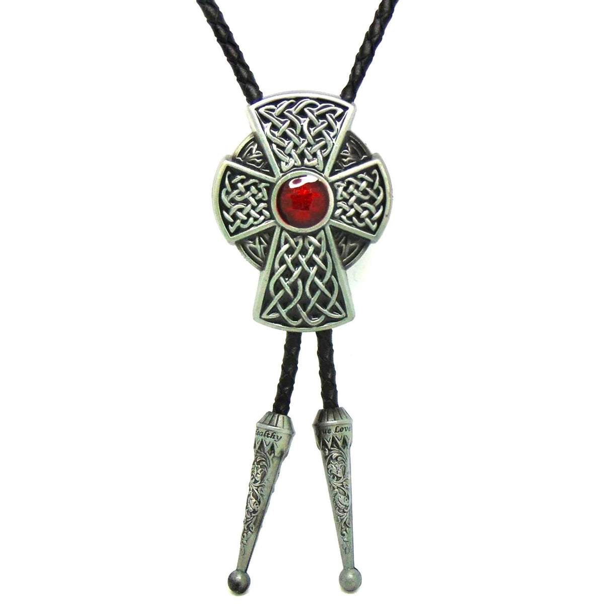 Celtic cross bolo western cowboy crucifix red green stone necklace silver black draw string suit tie cord square dance western wear belt