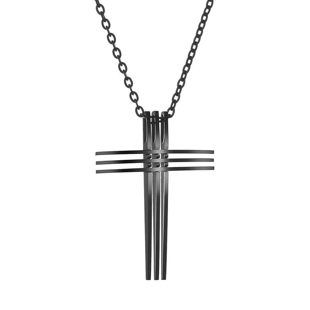 All Black 3 Bar cross necklace waterproof triple layer light weight stainless steel chain