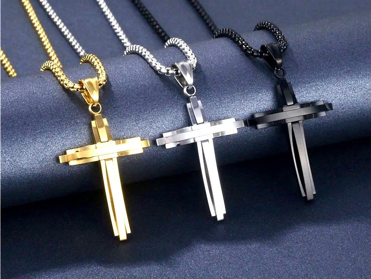 Gold Cross Mens Necklace Black 3 Layer Bars Boys Waterproof Stainless Steel Wheat Chain Catholic Crucifix Christ Orthodox Jesus