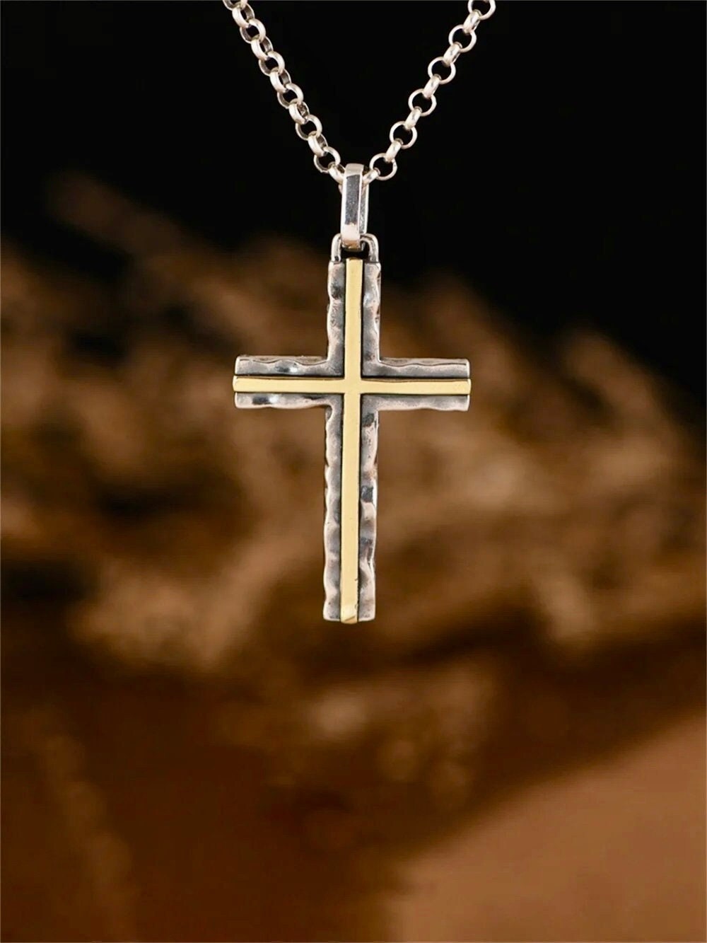 Hammered 2 Color Solid Sterling Silver Cross Necklace for men S925 with Brass inlay catholic crucifix