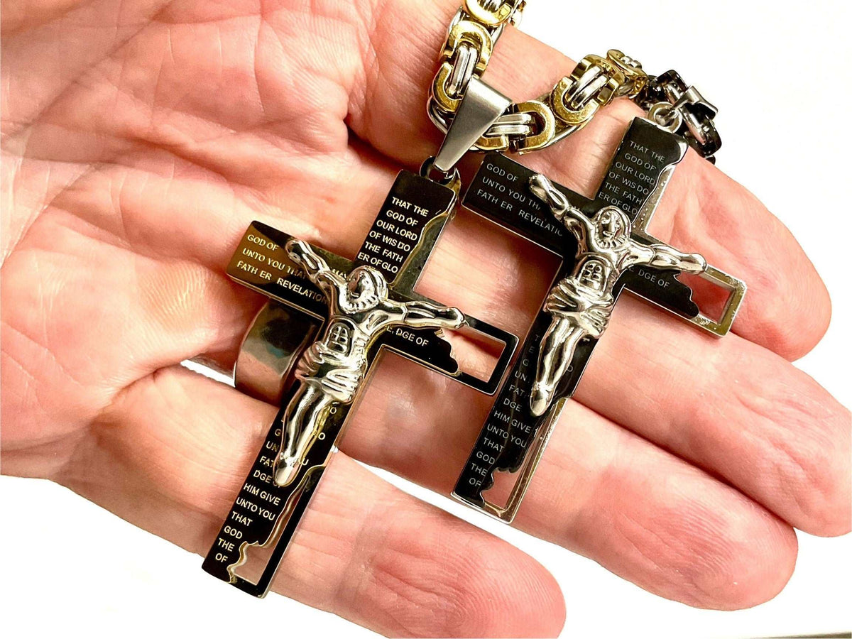 Heavy Silver & Gold Ephesians Prayer Cross Necklace for Men with Byzantine Chain