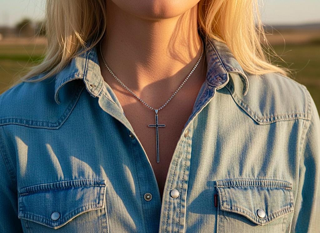 Long Sterling Silver Cross Necklace with Black CZ