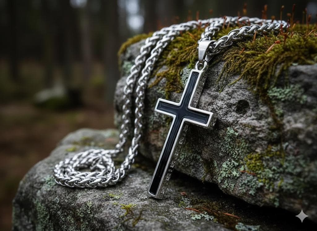 Sterling Silver Black Inlay Cross Necklace with Wheat Chain