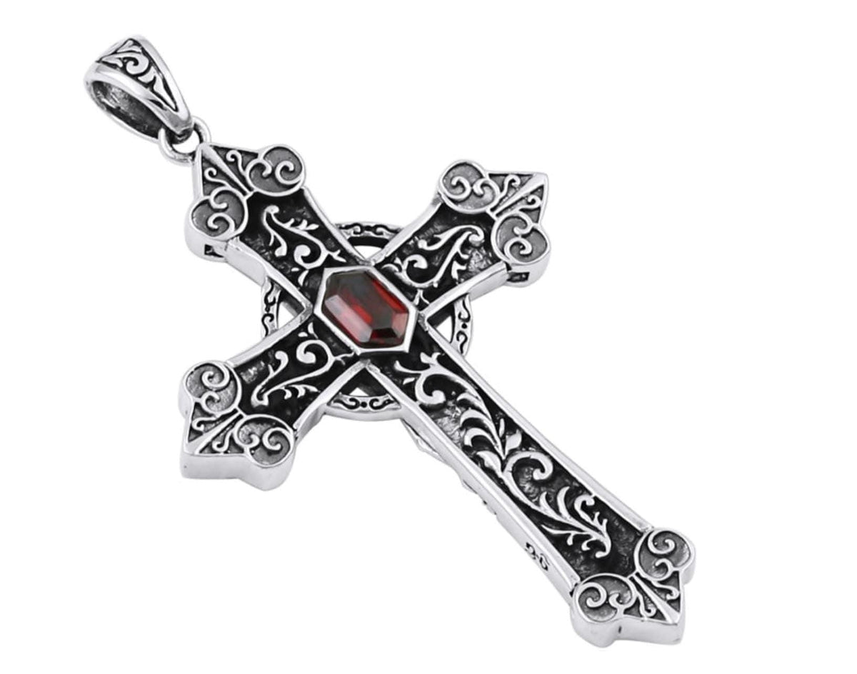 Celtic Sterling Silver Cross Necklace with Red Garnet
