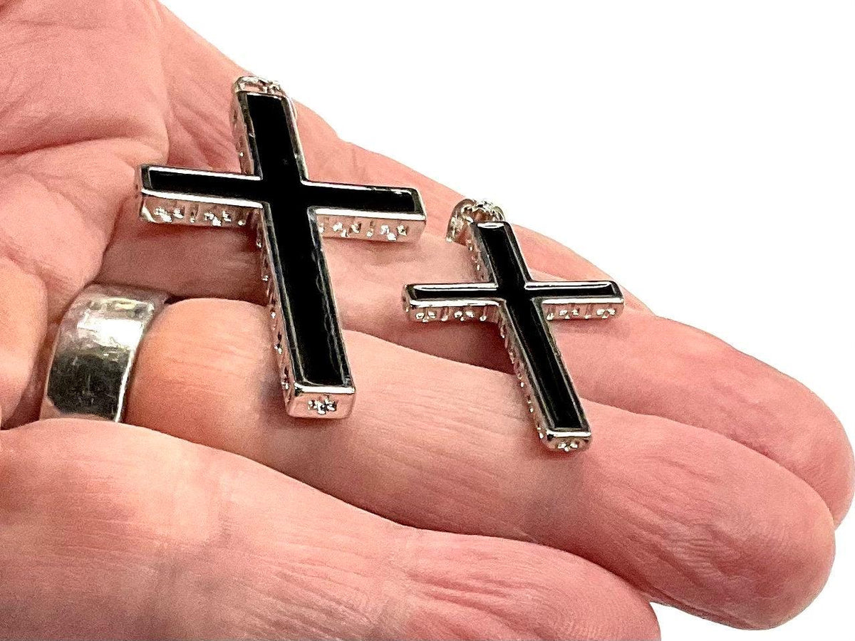 Sterling Silver Black Inlay Cross Necklace with Wheat Chain