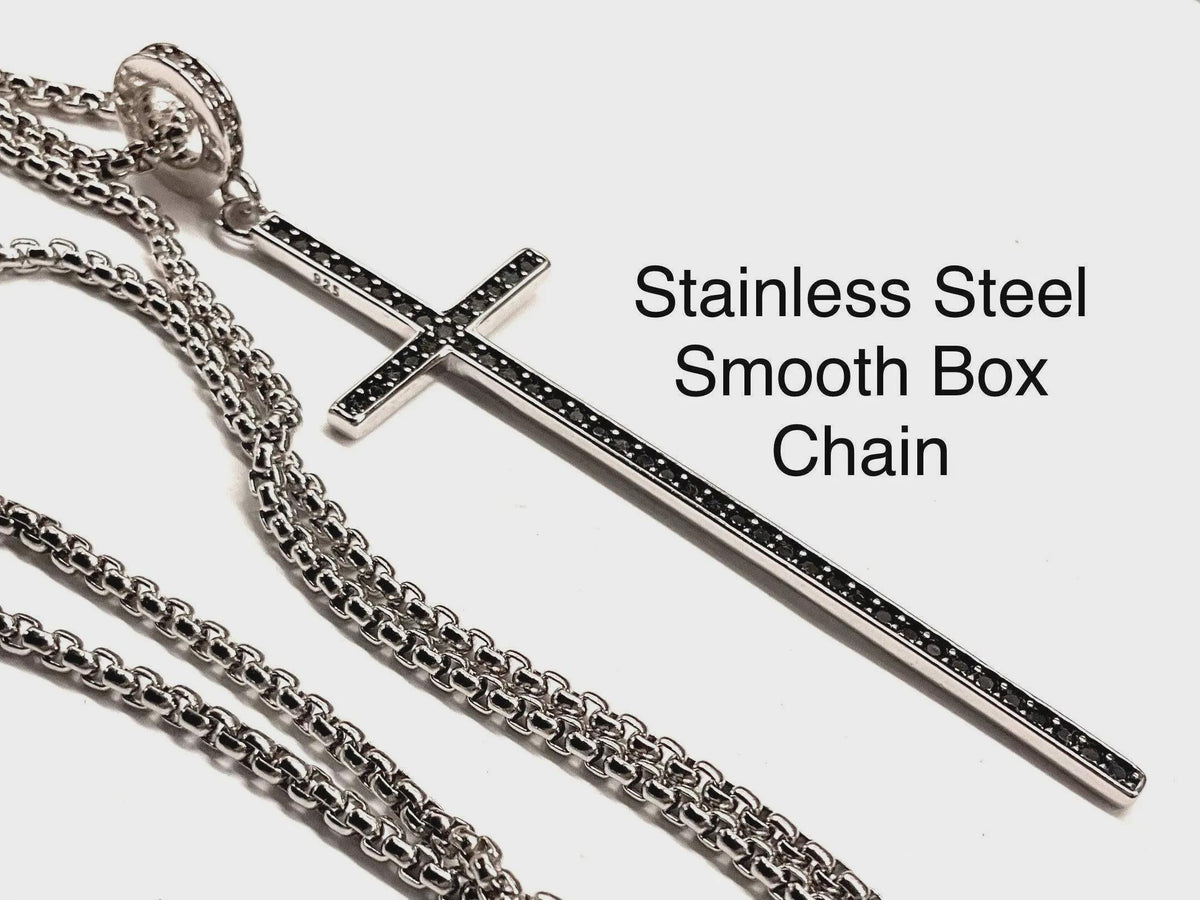 Long Sterling Silver Cross Necklace with Black CZ