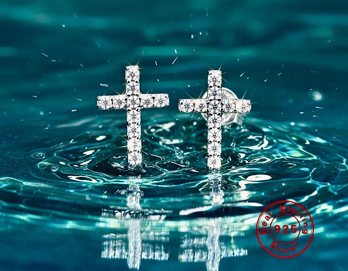 Sterling Silver Cross Cuff Earrings, Colored CZ, Silver or Gold