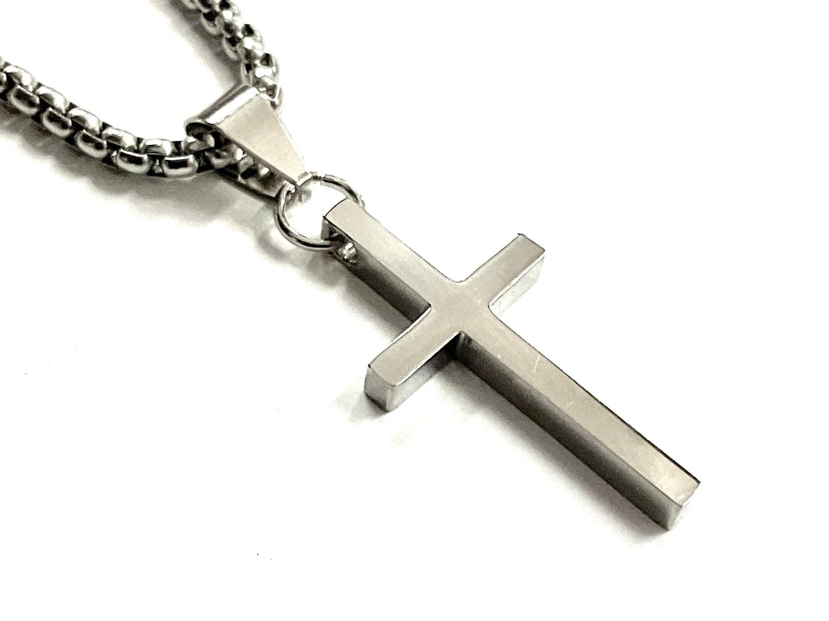 Sleek Silver Cross Necklace Men Women, Waterproof Steel Pendant