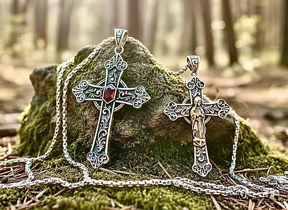 Celtic Sterling Silver Cross Necklace with Red Garnet