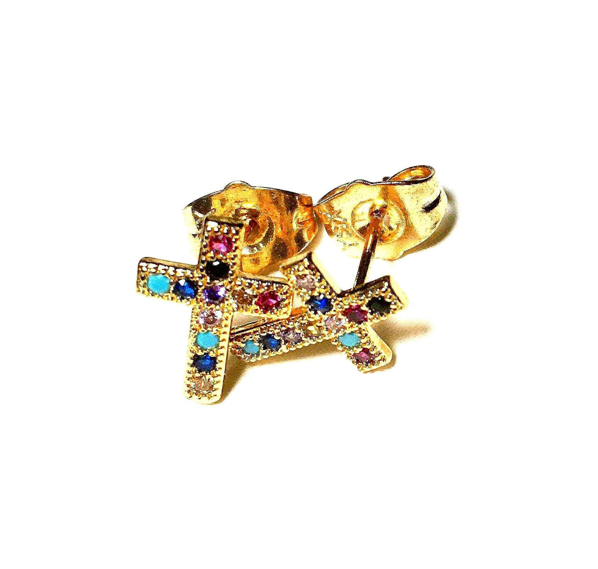 Gold Cross Stud Earrings, Dainty Rainbow Multi Color CZ Jewelry