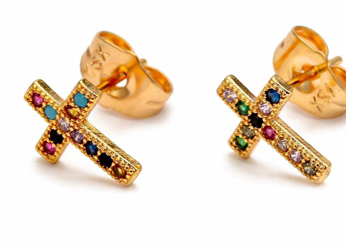 Gold Cross Stud Earrings, Dainty Rainbow Multi Color CZ Jewelry