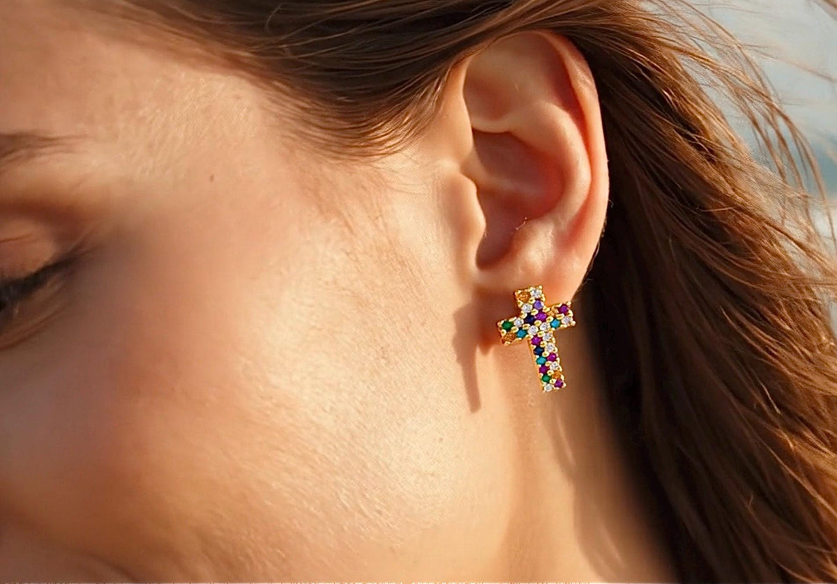 Rainbow Cross Stud Earrings - Gold Multi Color CZ Cross Jewelry