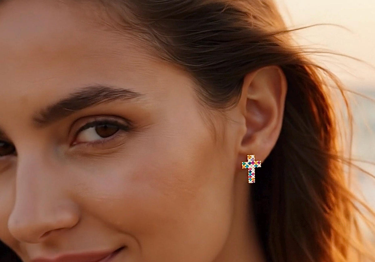 Rainbow Cross Stud Earrings - Gold Multi Color CZ Cross Jewelry