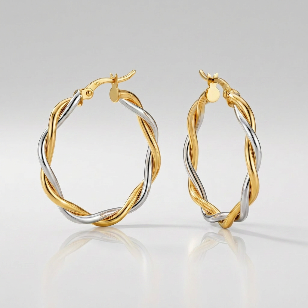 Two-Tone Twisted Wire Round Hoop Earrings in 10k Yellow and White Gold