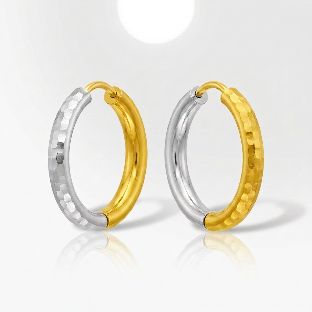14k Two-Tone Gold Hinge Hammered Hoop Earrings