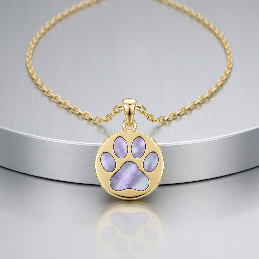 14k Yellow Gold Necklace with Dog Paw Print Symbol in Mother of Pearl