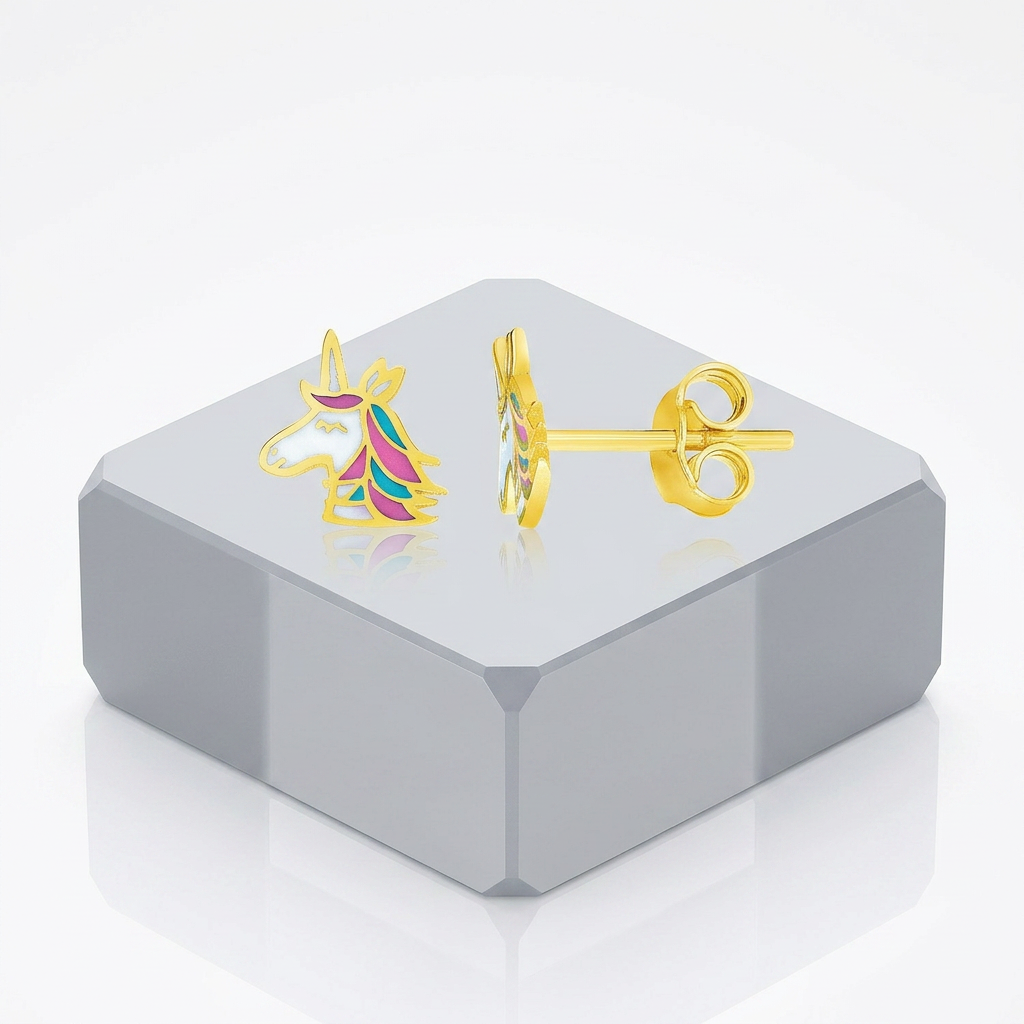 14k Yellow Gold Enameled Unicorn Childrens Earrings
