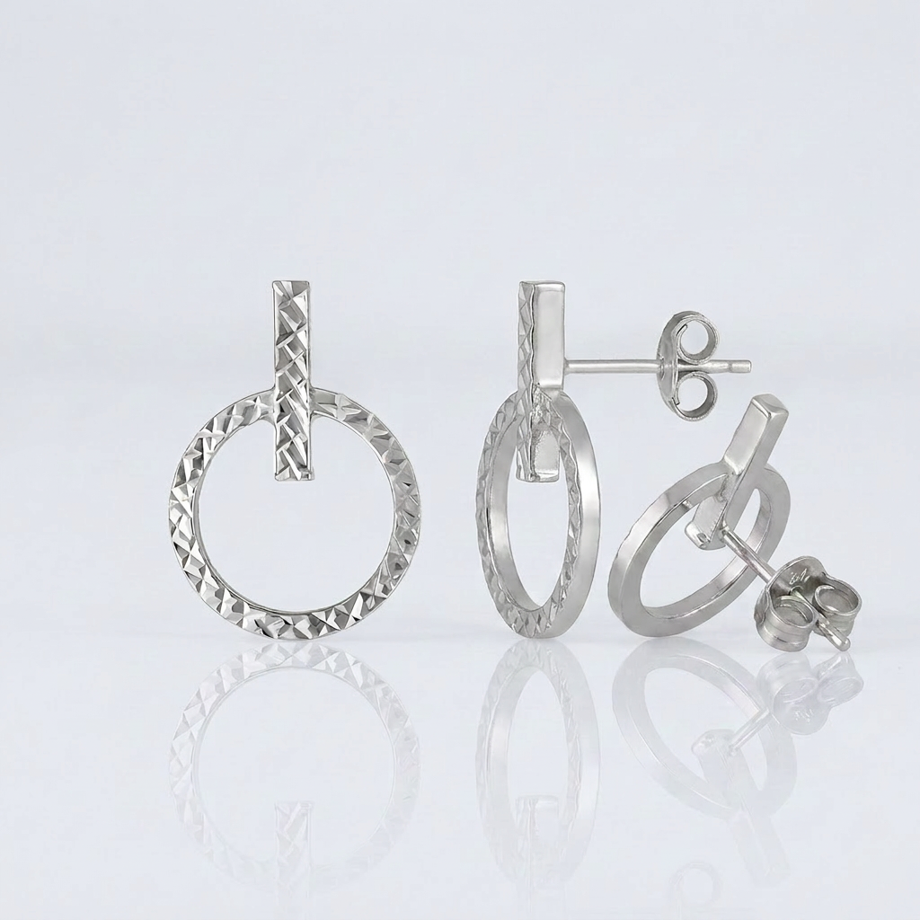 14k White Gold Textured Circle and Bar Post Earrings