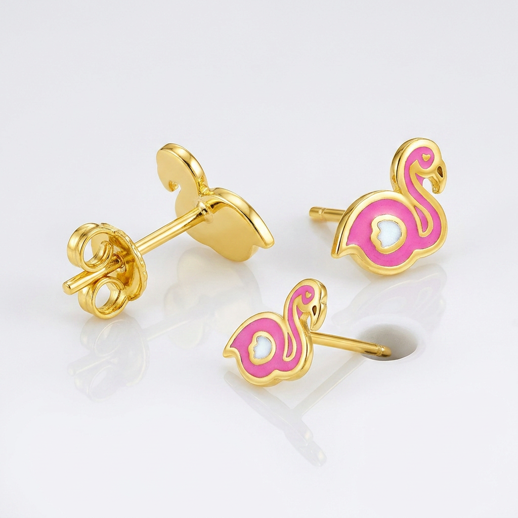 14k Yellow Gold Enameled Flamingo Childrens Earrings