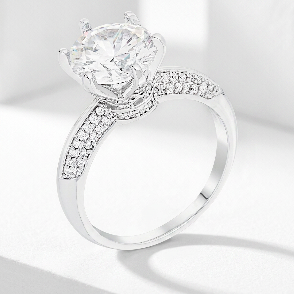 Avera Cz Round Solitaire Quad Micropave Ring In Sterling Silver