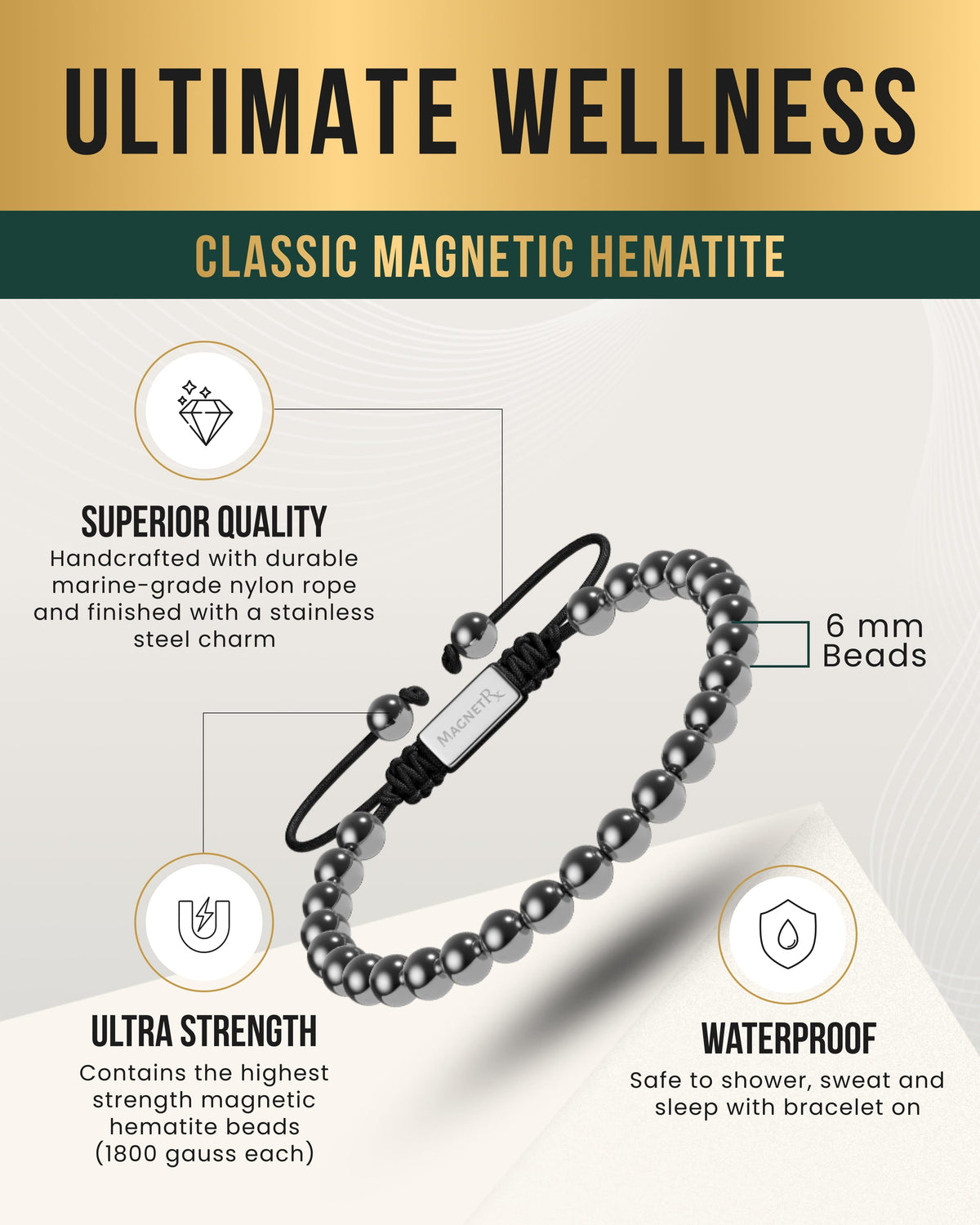 High Power Magnetic Hematite Bracelet Classic 6mm Bead