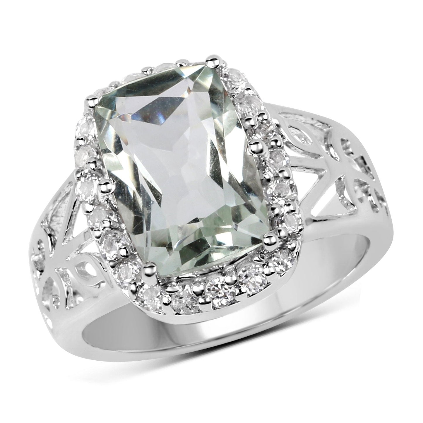 3.94 Carat Genuine Green Amethyst and White Topaz .925 Sterling Silver Ring