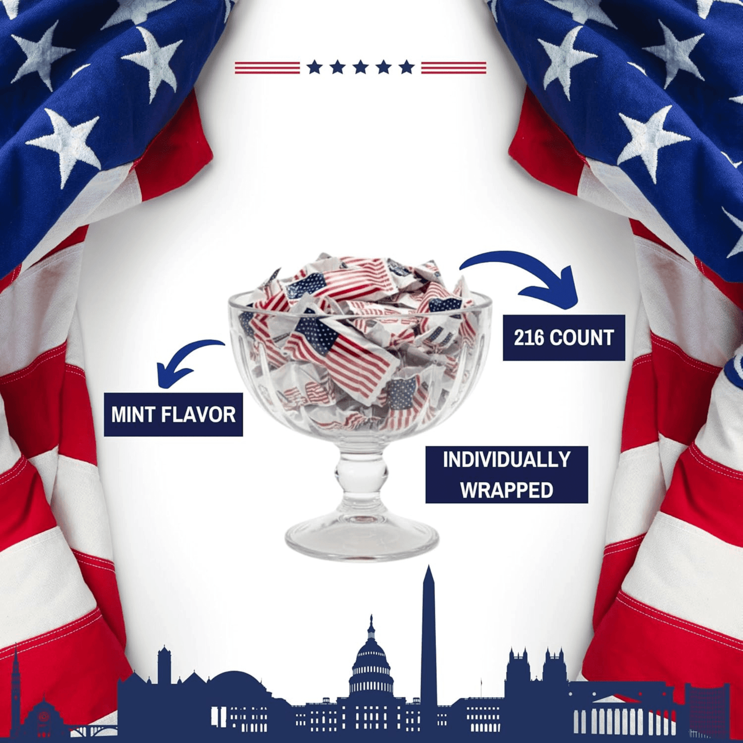USA Flag Buttermints 110ct – Individually Wrapped Patriotic Candy for 4th of July, Memorial Day, Veterans Day, Red White & Blue Party Favors