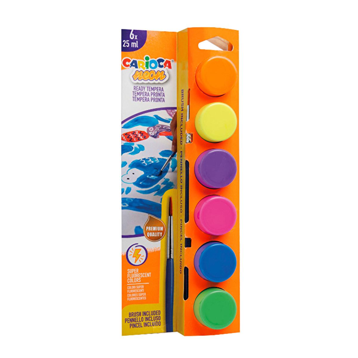Carioca Super Washable Fluorescent Tempera Paint Set for Kids - Non-Toxic, Vibrant Colors, Includes Brush - Children's Art Supplies