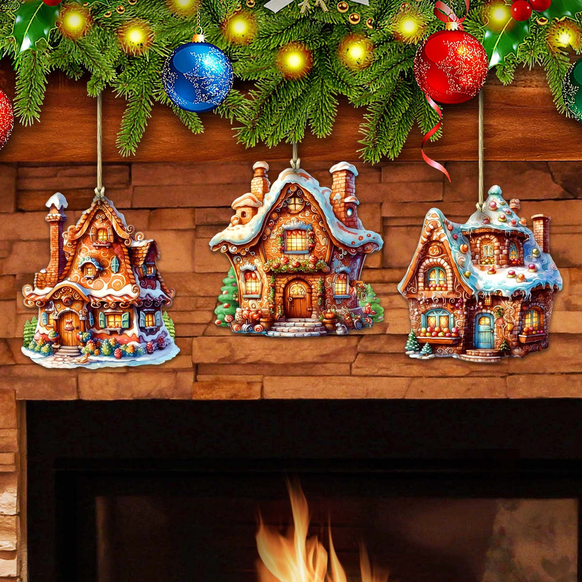 Fairy Tale Houses Wooden Ornaments Set of 3 by G. Debrekht - Christmas Decor - 8100191S3
