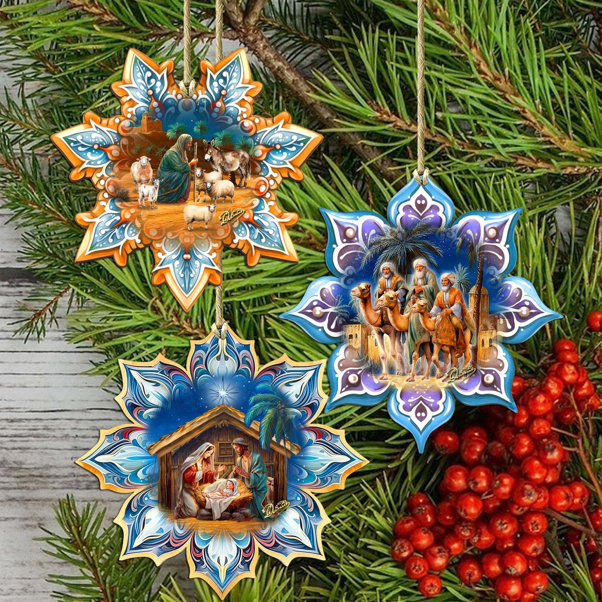 Nativity Snowflake Eco Wood Ornaments Set of 3 by G. Debrekht - Nativity Holiday Decor - 8090153-S3