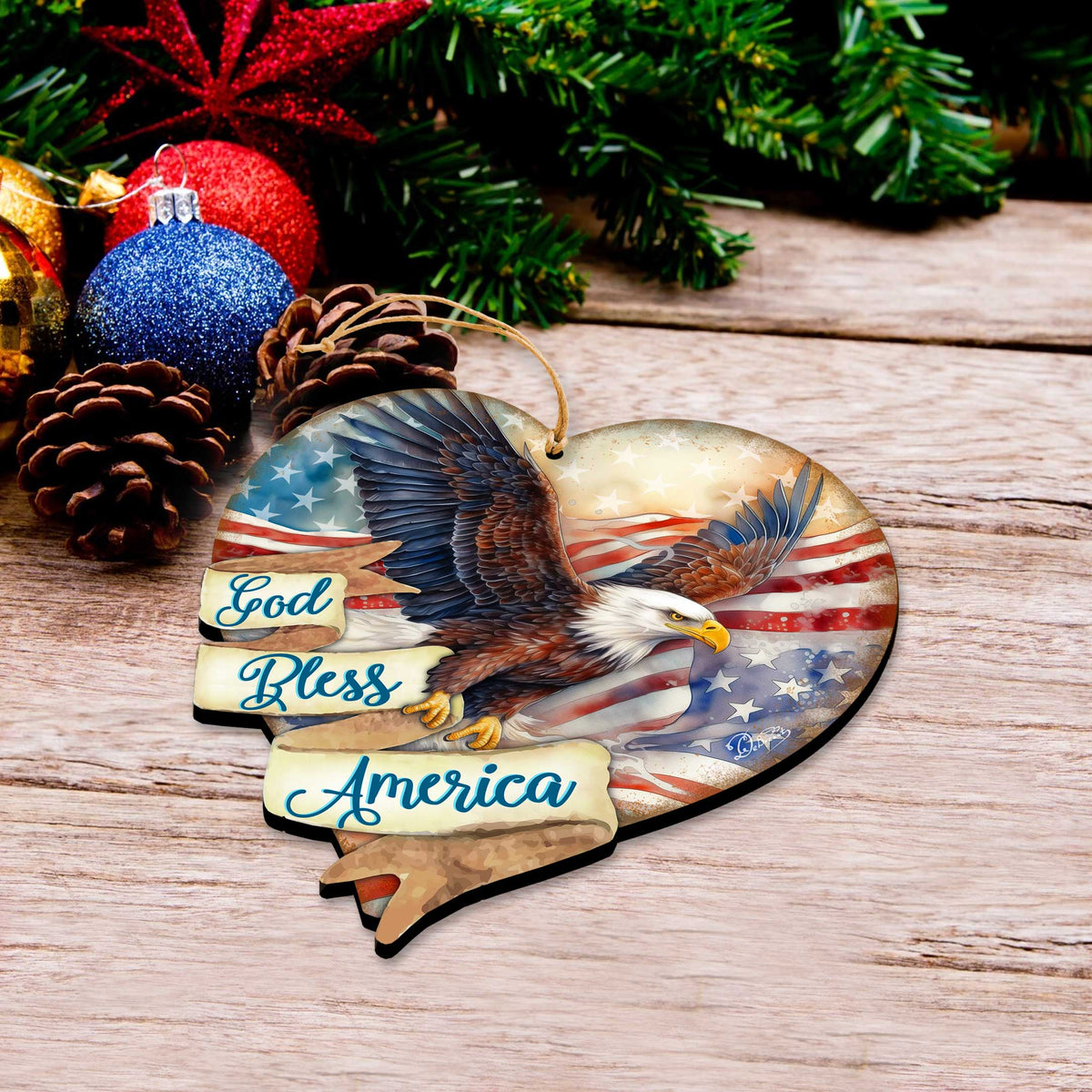 God Bless America Patriotic Eagle Heart Wooden Ornaments by G.Debrekht American Holiday Decor - 8652789