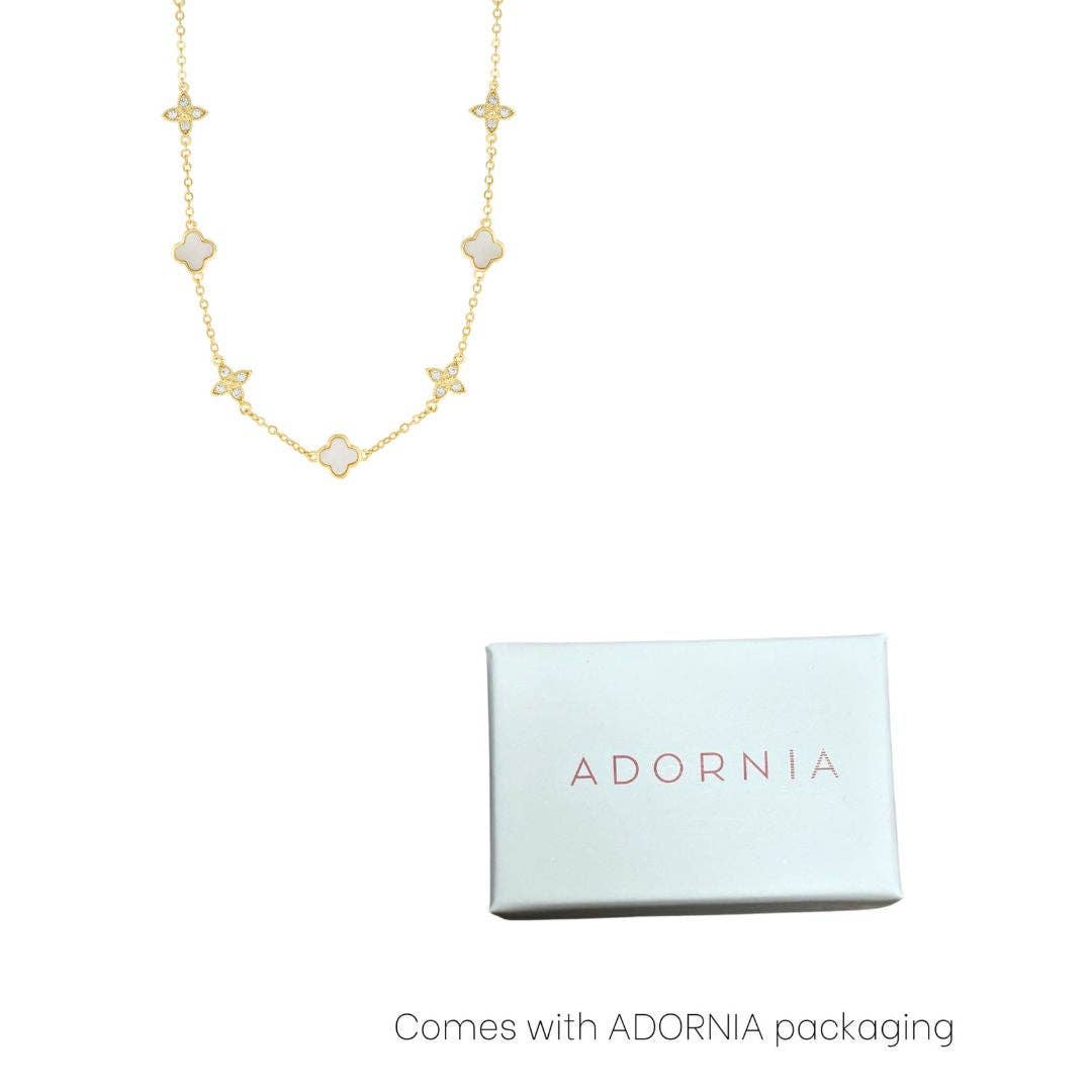 14K Gold Plated Mixed Mother of Pearl and CZ Clover Station Necklace