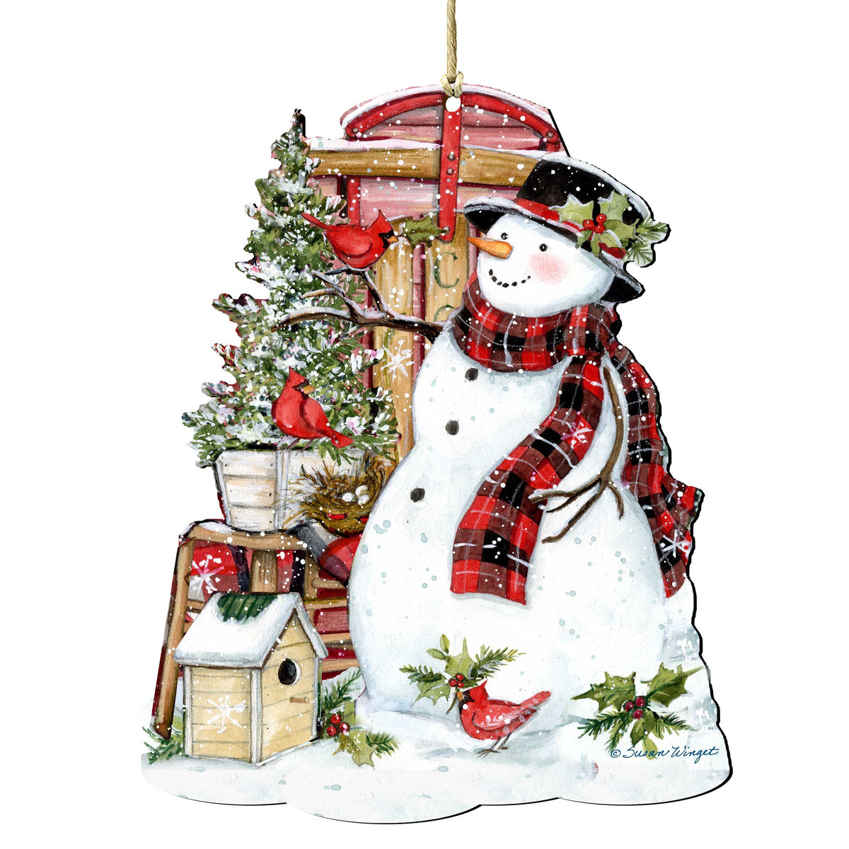 Christmas Decoration Snowman with Cardinals - Handmade Wooden Christmas Tree Ornament by Susan Winget - 8471115-SW