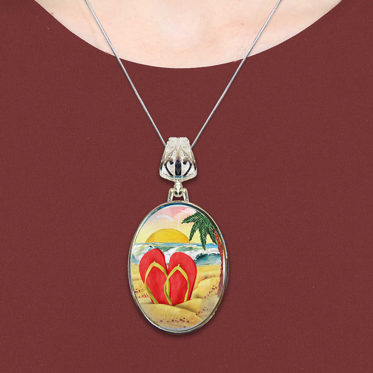 Flip Flops Silver-Plated Mother of Pearl Jewelry Pendant Necklace - 44055