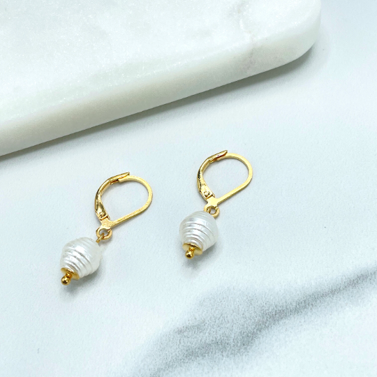 Luxus Accessories 18K Gold Filled Simulated Baroque Pearl Hoop Earrings, Pearl Drop Dangle Earrings