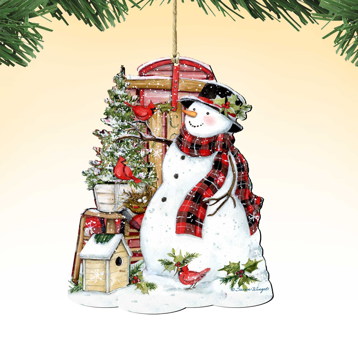Christmas Decoration Snowman with Cardinals - Handmade Wooden Christmas Tree Ornament by Susan Winget - 8471115-SW