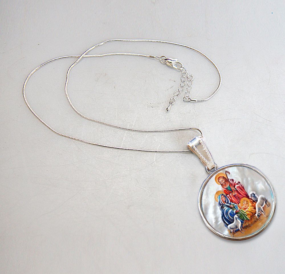 Holy Family Silver Plated Mother of Pearl Jewelry Necklace - 43050
