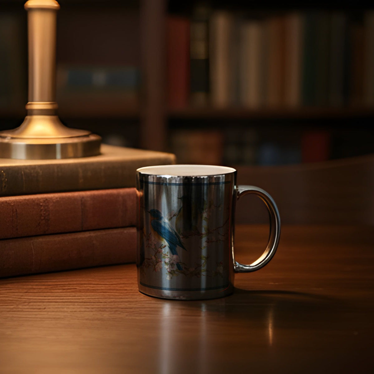An Oriental Birds Chrome Silver Mug 11oz