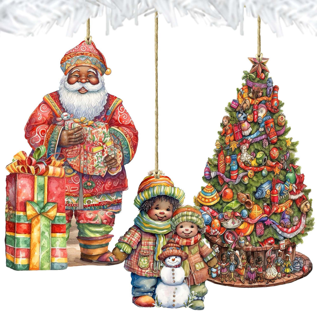 Santas Around the World - African-American Inspired Santa - Eco Wood Ornaments Set of 3 by G. DeBrekht Christmas Santa Snowman Decor - 8091310S3