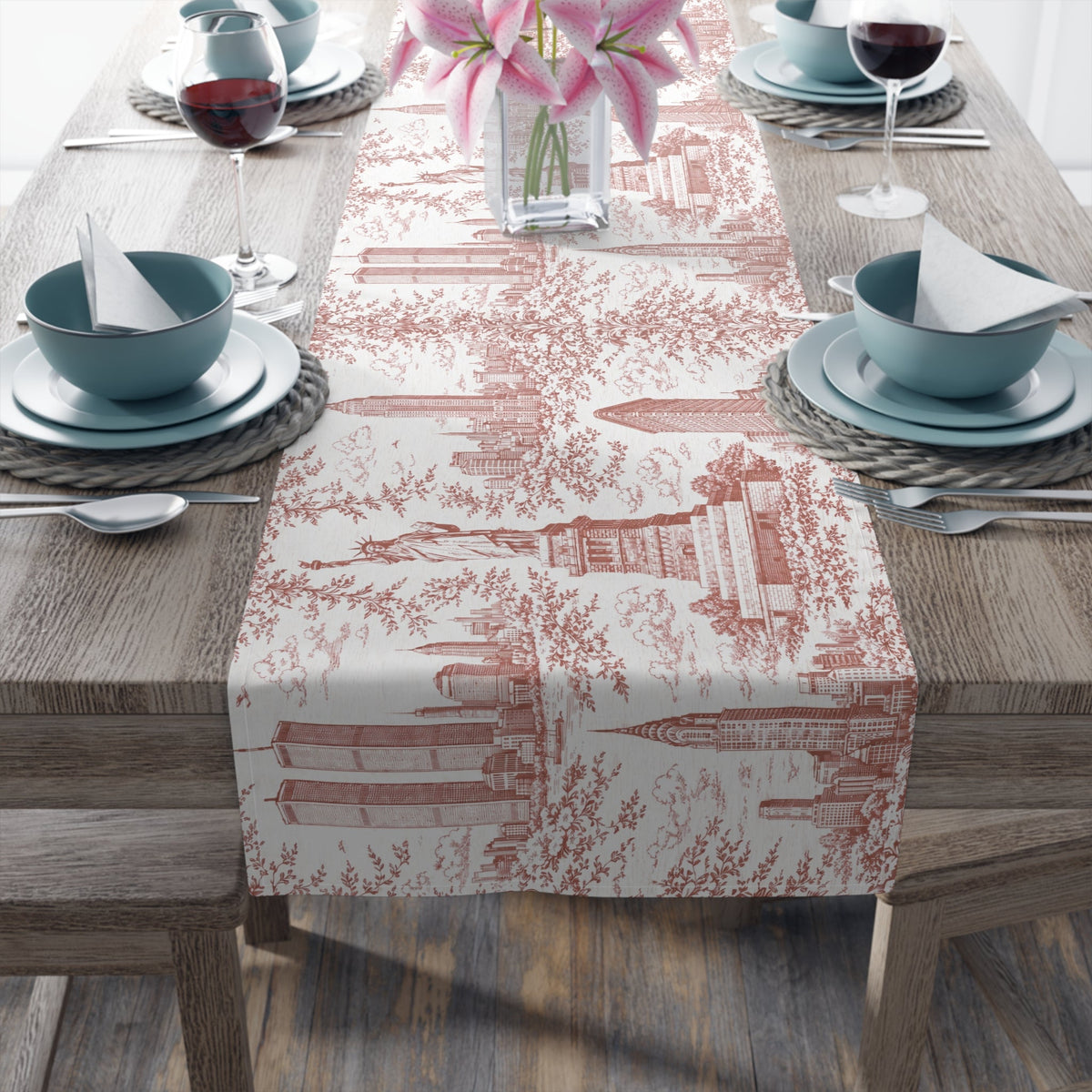 Red Toile de Jouy New York City Cityscape Table Runner — Scenic NYC Chinoiserie Skyline Dining Table Decor