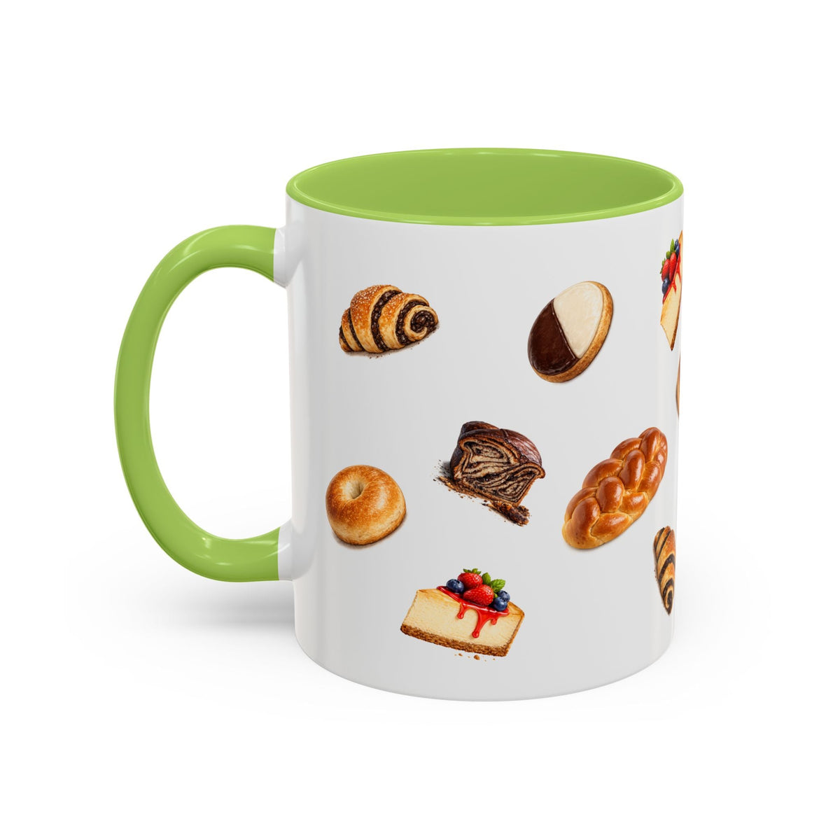 NYC Kosher Bakery Pattern Accent Mug | Babka Cheesecake Rugelach Black + White Cookie Challah Bagel 11oz Ceramic Coffee Cup