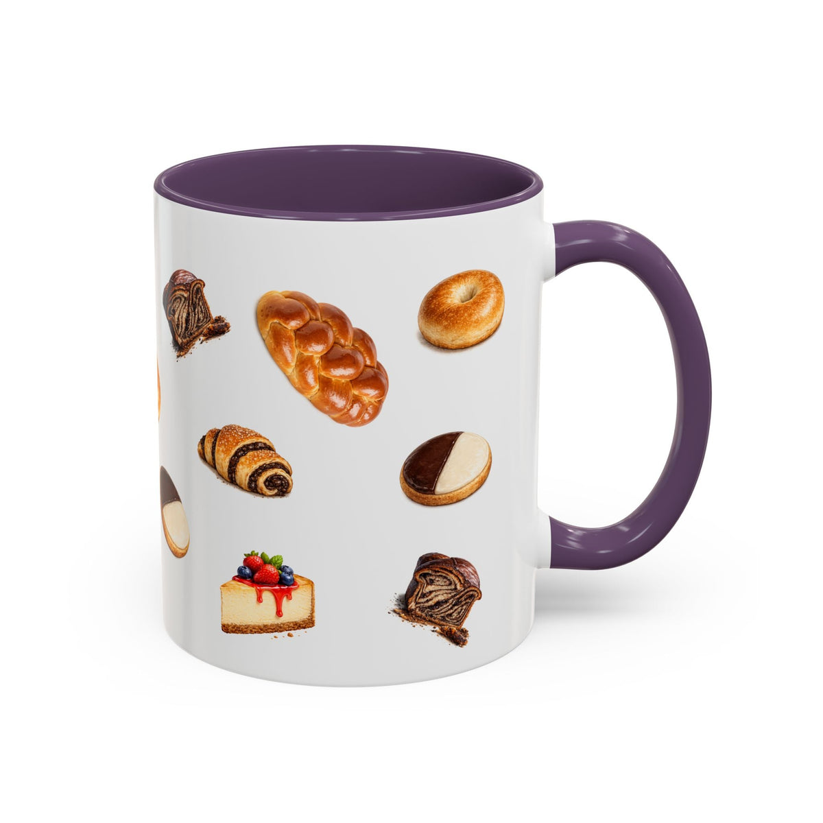 NYC Kosher Bakery Pattern Accent Mug | Babka Cheesecake Rugelach Black + White Cookie Challah Bagel 11oz Ceramic Coffee Cup