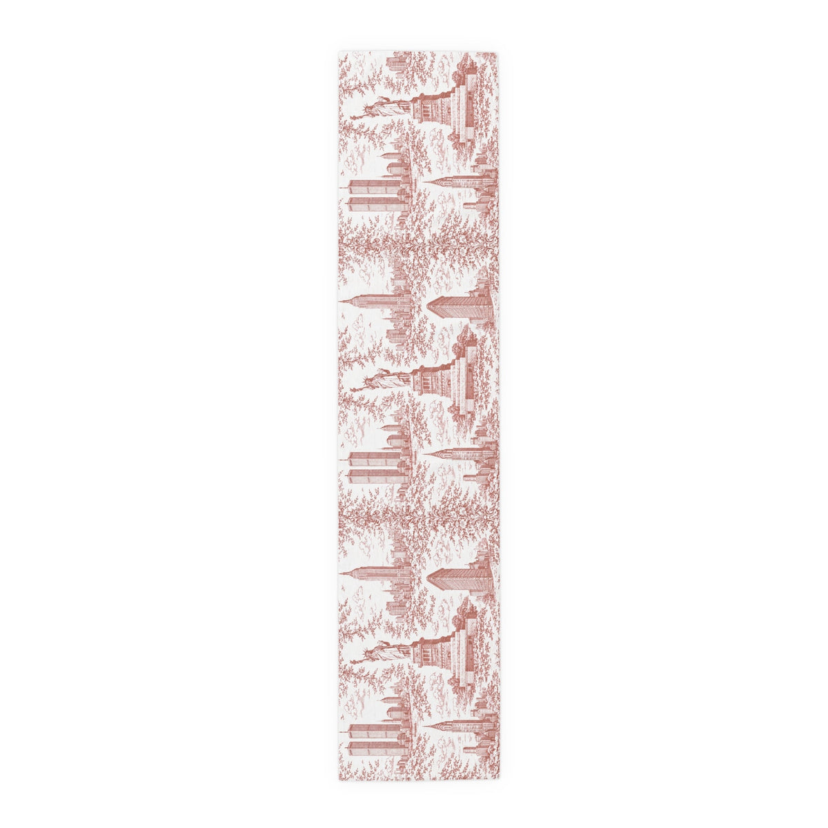 Red Toile de Jouy New York City Cityscape Table Runner — Scenic NYC Chinoiserie Skyline Dining Table Decor